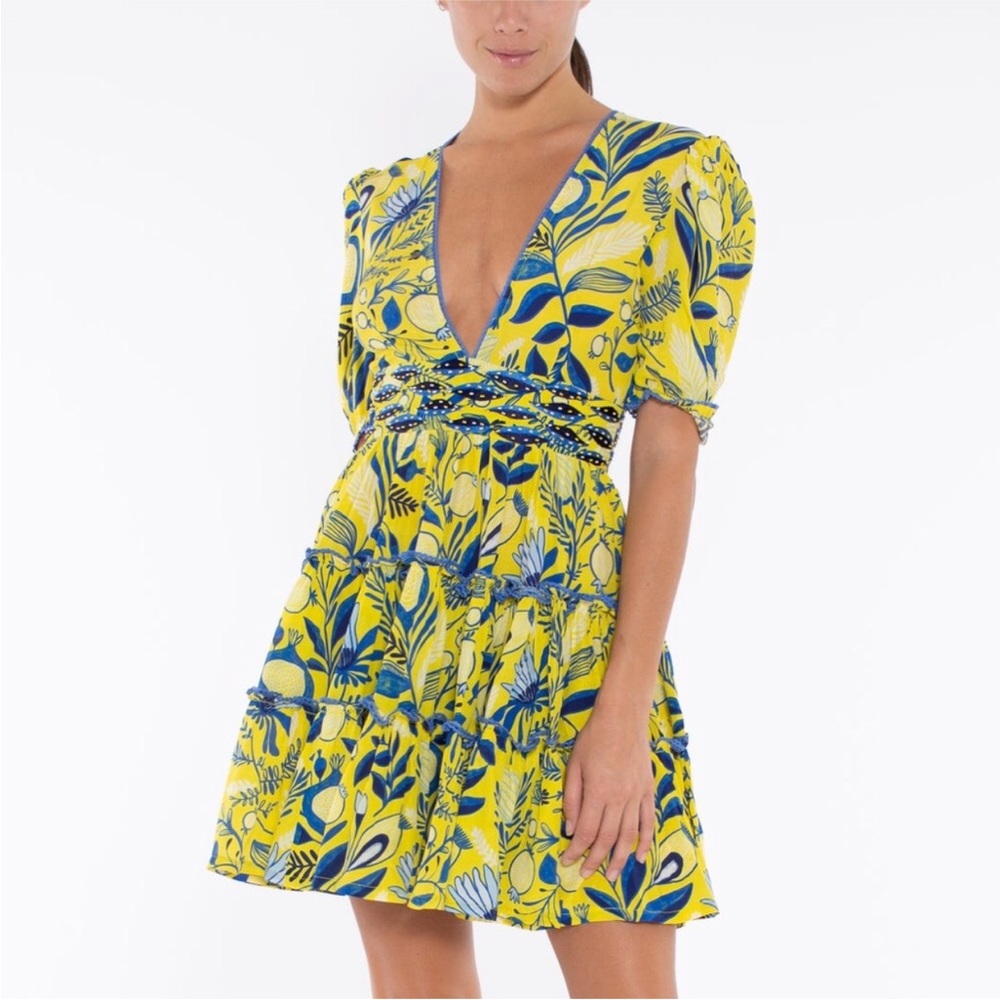 TAJ BY SABRINA CASTELLI MINI DRESS IN YELLOW MILLE FLOWER SZ M